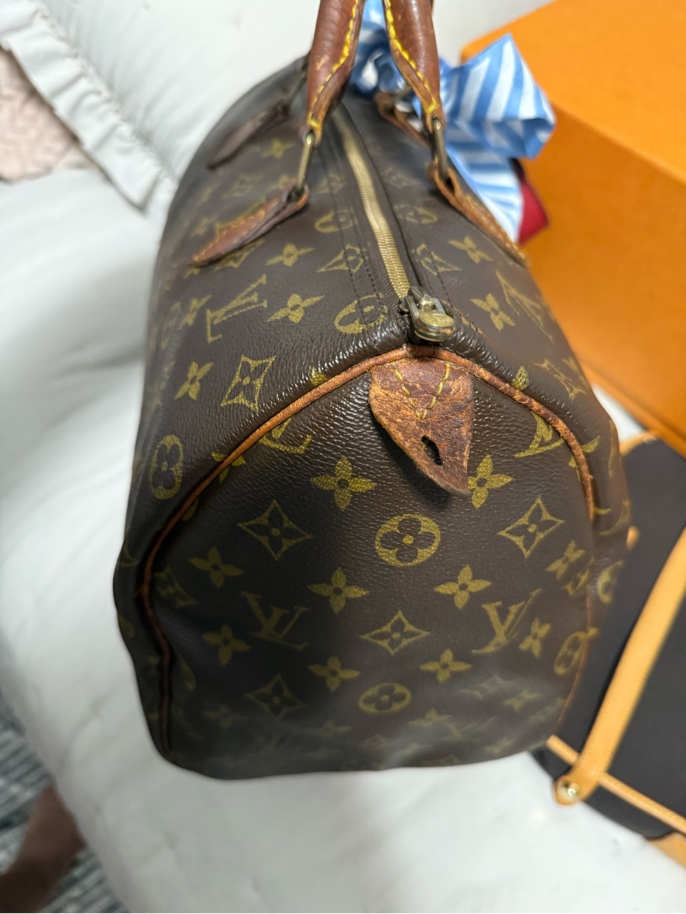 Louis Vuitton Monogram Canvas speedy 35 Bag with Red Charm and Blue Scarf - Picture 2 of 10